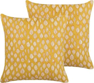Beliani Set of 2 Decorative Cushions GINNALA Cotton 45 x 45 cm Yellow Plant Pattern
