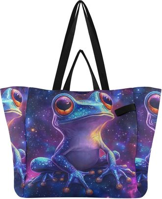 Generic Frog Stars Blue print Reusable Canvas Tote Bag, Heavy Duty Grocery Shopping Bag with Double Handles Hard Bottom Large Capacity Work Groceries Travel