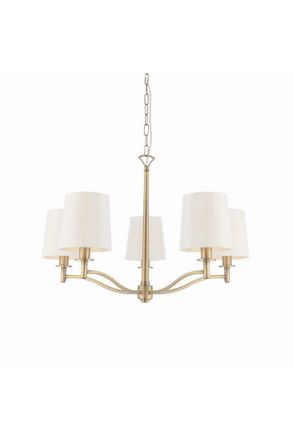 Netlighting Ortona 5 Light Multi Arm Pendant Matt Antique Brass Vintage White Faux Silk E14 in Gold