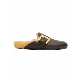 Balmain Platte leren muiltjes met imitatiebont - Dames - Slip ons - Zwart - 36 EU - Leer - Schoenen