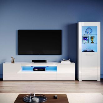 Elegant Lighting Living Room Set Modern High Gloss Fronts with led Light, 2000mm tv Stand, Display Cabinet with Glass Shelf Bookcase, White - Elegant