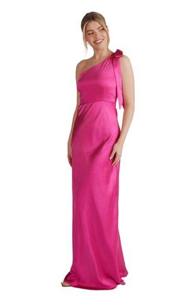 Six Stories Bow One Shoulder Satin Bridesmaid Dress in Fuchsia at Nordstrom, Size 14