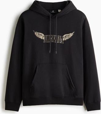 H&M Loose Fit Printed Hoodie in Black/nirvana at Nordstrom, Size Xx-Large