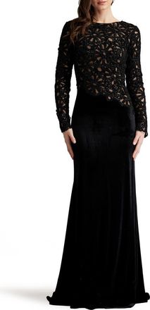 Tadashi Shoji Sequin Lace Bodice Long Sleeve Velvet Gown in Black/Nude at Nordstrom, Size 14