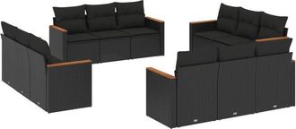vidaXL Set De Sof&aacute;s De Jard&iacute;n 12 Piezas Cojines Rat&aacute;n Sint&eacute;tico Negro Vidaxl