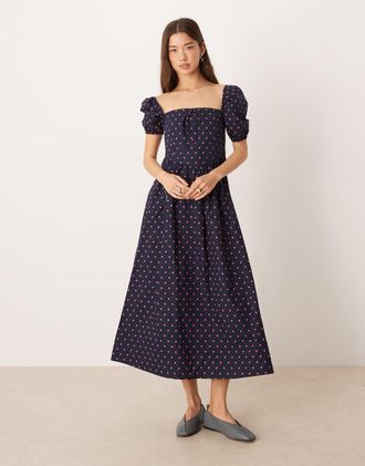 Glamorous Vestito blu navy a pois rosa con gonna al polpaccio, scollo squadrato e maniche a sbuffo-Multicolore