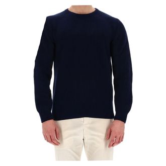 Herno Round-neck Knitwear, male, Blue, 4XL, Blue Cashmere Jumper Suede Patches