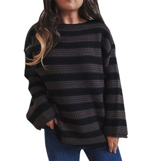 Generic Casual Striped Knit Sweater Perfect for Women Womens Autumn and Winter New Casual Fashion Loose Round Neck Stripe Long Sleeve Knitted Pullover Sweater