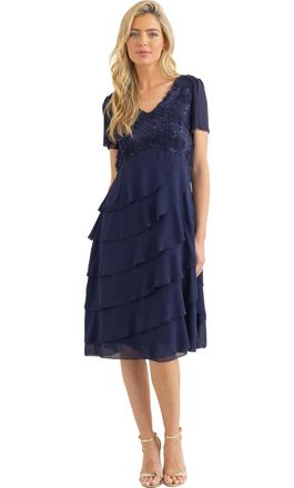 Klass Embellished Tiered Short Sleeve Dress - Midnight - 12