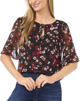 CeCe by Cynthia Steffe Top Womens Multicolor Floral Tie Neck Ruffle Cuff Blouse GBO3644