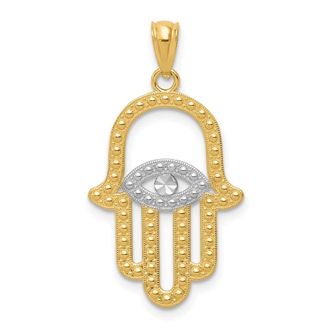 Diamond2Deal 14k Yellow Gold and White Rhodium Textured Hamsa and Evil Eye Pendant