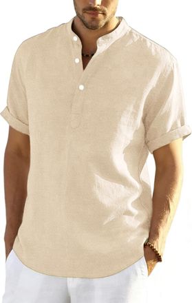 Generic Mens Linen Shirts Short Sleeve Summer Beach Hawaiian Shirts with Pockets Grandad Collar Collarless Henley Tshirts Men UK Button V Neck Cotton Linen To