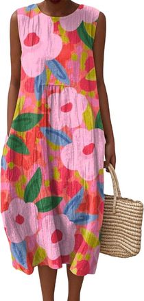 Generic Summer Holiday Dresses for Women Boho Floral Cotton Linen Loose Fit with Pockets Sleeveless Midi Dress Casual Beach Ladies Clothing Lightweight Outfit