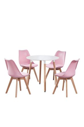 Life Interiors 5PCs Dining Set - a Round Dining Table & Set of 4 Lorenzo Tulip chairs with Padded Seat in Pink