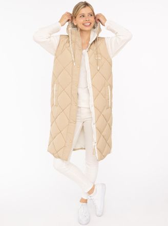Zwillingsherz Steppweste ZWILLINGSHERZ Love Print, Damen, Gr. XXL, beige, Steppware, Obermaterial: 100% Polyester, Basic knielang, ohne Ausschnitt, Westen Steppwest