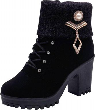 Generic Womens Ankle Boots Block Mid High Heel Boot Grip Sole Autumn Winter Warm Ankle Shoes Lace up Vintage Booties Plush Waterproof Trainers Casual Smart Pa