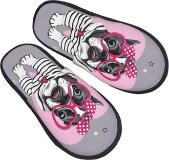 Generic Women Men Slippers French Bulldog With Heart Glasses House Shoes Anti-Skid Indoor Shoes Plush Fleece Lined Bedroom Slipper For Indoor Travel Outdoor L