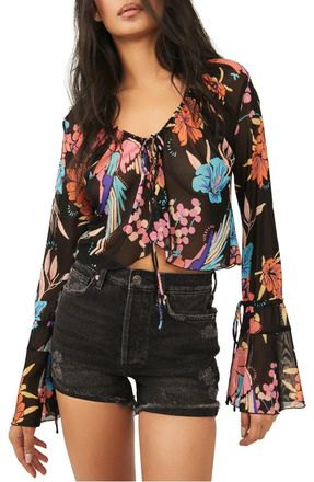 Free People Of Paradise Top Women Black Floral Sheer V-Neck Bell Sleeve JZZ191