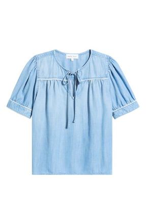 Bella Dahl Scallop Trim Tie Front Chambray Top in Ombre Mist Wash at Nordstrom, Size X-Large