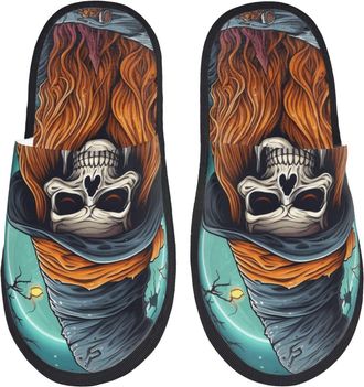 Generic Slippers Cartoon Pumpkin Skull Unisex Plush Slippers Reusable Indoor Shoes For Hotel Room Bedroom M