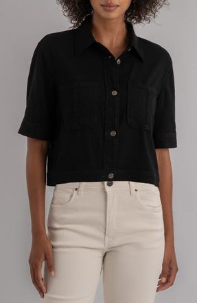 Kut from the Kloth Finley Short Sleeve Linen Blend Jacket in Black at Nordstrom, Size Large