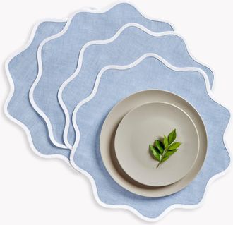 Solino Home Linen Placemats Set of 4, 16 Inch Round for Dining Table, Holiday and Everyday Table Decor - Giselle Scallop Edge in White And Chambray
