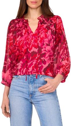 Vince Camuto Floral Print Tie Neck Top in Merlot Red at Nordstrom, Size X-Large