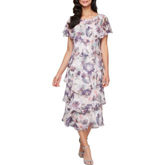 S.L. Fashions Tiered Floral Midi Dress in Blush Multi at Nordstrom, Size 16