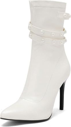 Generic Womens Fashion Pointed Toe Dressy Ankle Boots Zipper Stiletto High Heels Pearls Elegant Pumps Shoes for Party Wedding (White,7.5)