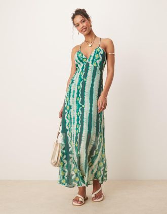 Vila cross back strap detail maxi dress in green tie dye print