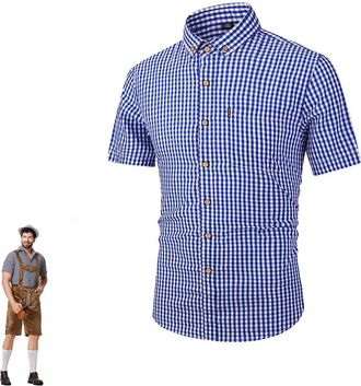 Generic Bavarian Shirt Mens Traditional Oktoberfest Checkered Short Sleeve Button Down Top Plaid Country Shirt Lederhosen Shirt Men Oktoberfest Outfit Blue