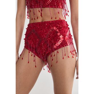 NASTY GAL Embellished Tassel Beaded Booty Shorts in Red at Nordstrom, Size 12