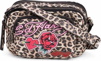 Ed Hardy Womens Cheetah Print Crossbody Bag with Tattoo Heart & Rose Graphic- Cheetah