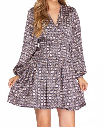She + Sky Sammi Long Sleeve Diamond Print Dress In Blue