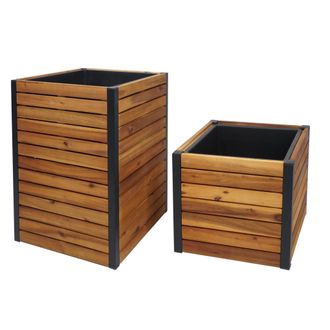 Hhg [nunca Usado] Juego De 2 Jardineras Hhg-582, Macetas Elevadas, Jardineras De Madera De Acacia Para Exterior, Certificadas Mvg, Aluminio Marr&oacute;n