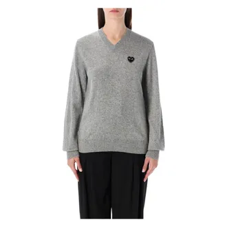 Comme Des Gar&ccedil;ons V-neck Knitwear, female, Gray, Size: XL V Neck Crystal Heart