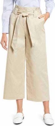 Halogen Oxford Paperbag Belted Wide Leg Cropped Pants In Tan