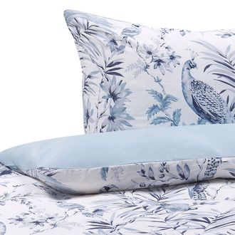 Beliani Conjunto De Fundas Y Almohada Algod&oacute;n Blanco Y Azul Estampado Floral 155 X 220 Cm Dormitorio Moderno Estilo Boho Ballard