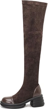 Generic Womens Over-The-Knee Suede Fabric Boots Side Zipper Thick Platform Soles Round Toe Stretch Fabric Slip On Soft Lining Anti-Slip Outsole,Brown,5.5 UK