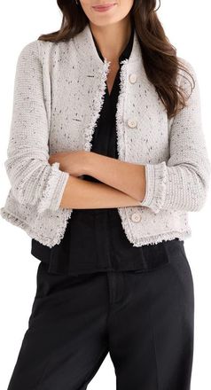 Nic+Zoe Fringe Mix Knit Bomber Jacket in Sugar Cookie at Nordstrom, Size Small