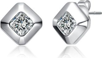 Rachel Glauber White Gold Plated with Clear Cubic Zirconia Square Shaped Stud Earrings