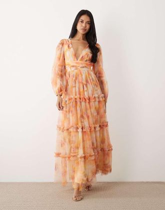 Lace & Beads Vestito lungo in tulle giallo a fiori con scollo a V e maniche lunghe a palloncino-Multi