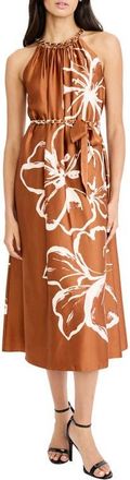 Maggy London Floral Halter Neck Belted Midi Dress in Burnt Sienna/Warm Camel at Nordstrom, Size 18