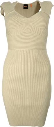 HUGO BOSS Kleedjes, Dames, Beige, S, Geribbelde Gebreide Jurk in Beige