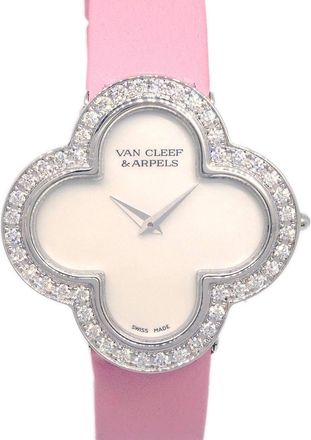 Van Cleef & Arpels Alhambra Quartz Watch White Gold and Satin with Diamond Bezel and Mother of Pearl 26