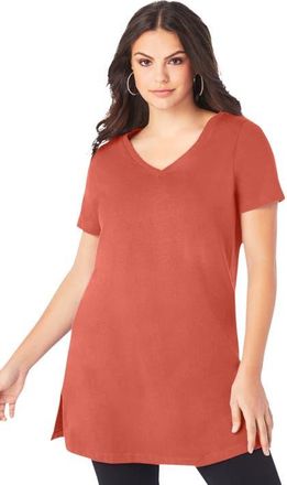 Roaman's Plus Size Ultimate Cotton V-Neck Short Sleeve Tunic in Sunset Coral at Nordstrom, Size Large