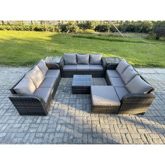 Fimous Rattan Outdoor Furniture Set Patio Garden Sofa Set with Square Coffee Table Big Footstool 2 Side Tables Dark Grey Mixed - Fimous