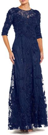 Mac Duggal Petite High Neck Embellished Lace Gown with 3/4 Sleeves in Navy at Nordstrom, Size 16