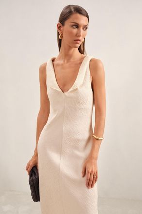 Reiss Womens Cream Textured Drape Neck Midi Dress, Size: 14