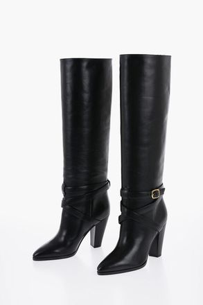 Celine Stivali in Pelle WILTERN al Ginocchio con Cinturino alla Caviglia 10cm Celine